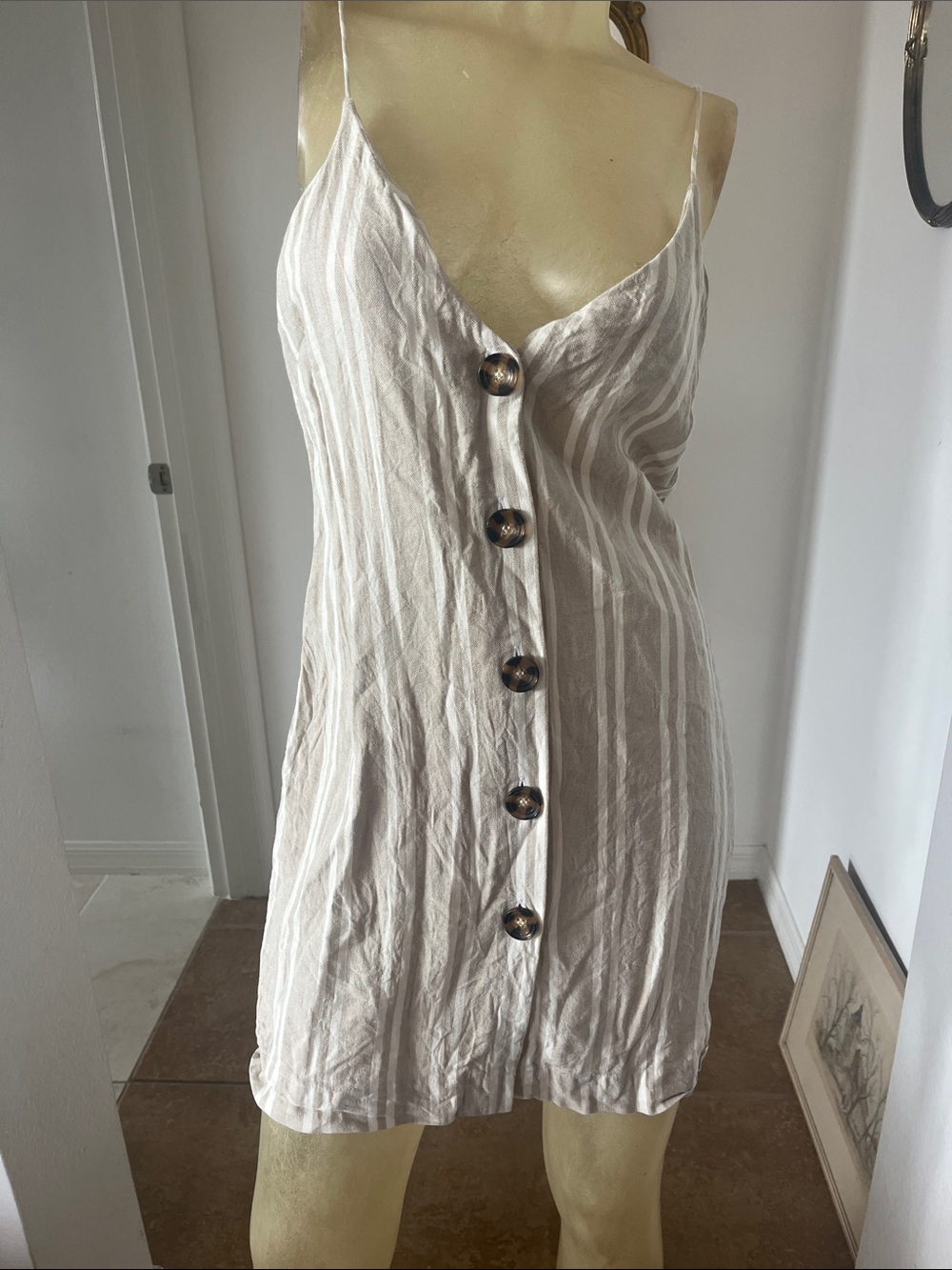 Topshop Beige and White Striped Button-Front Slip Dress
